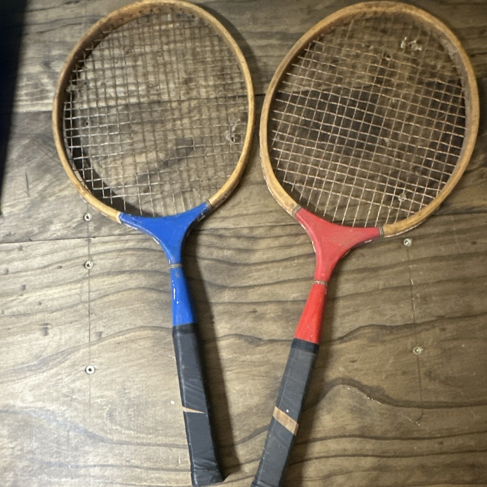 Lot of 2 Vintage Wooden Tennis Racquets with Blue & Red Handles